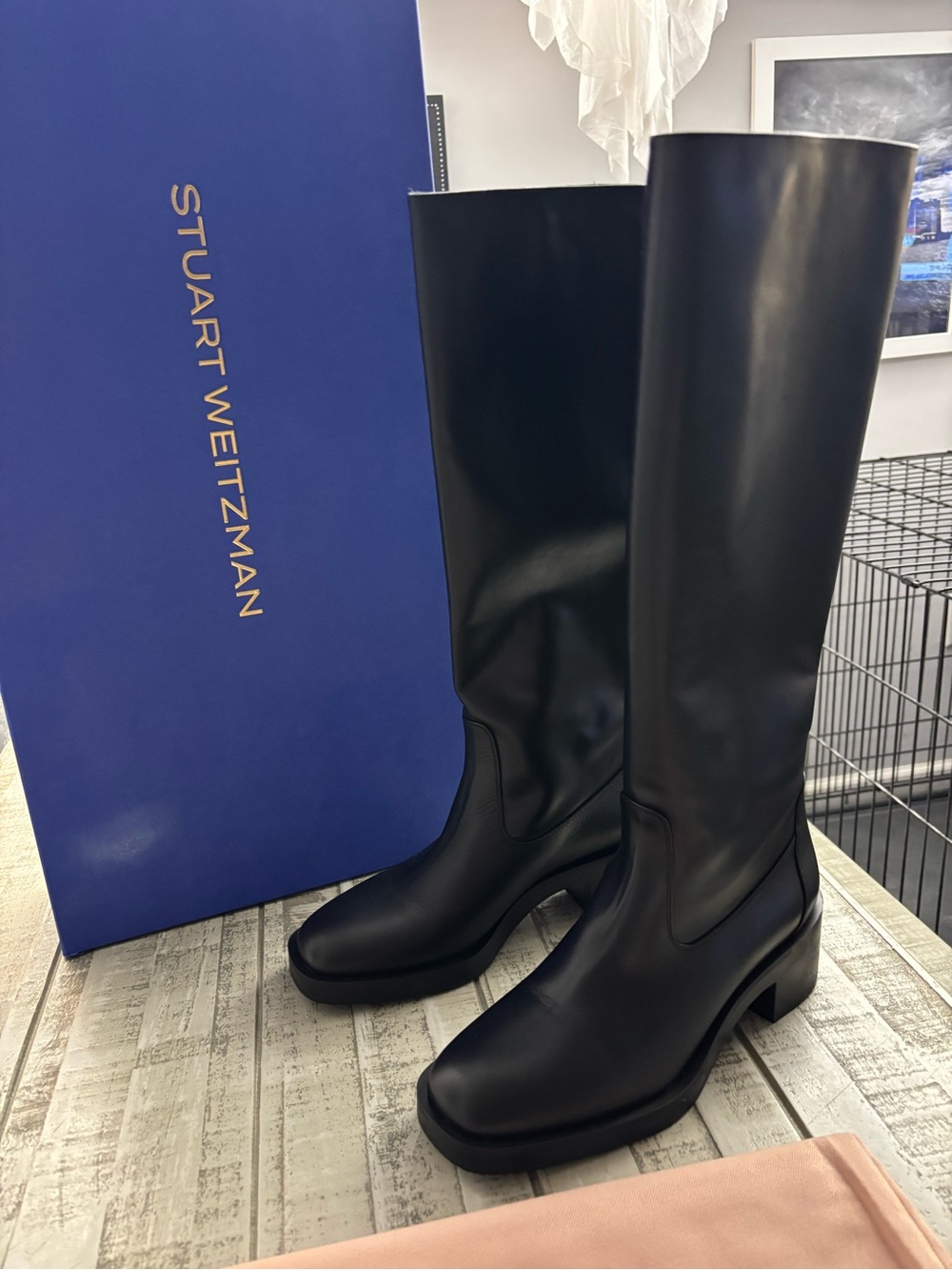 Stuart Weitzman Kaia Black Tall Leather Block-Heel Boots 9.5